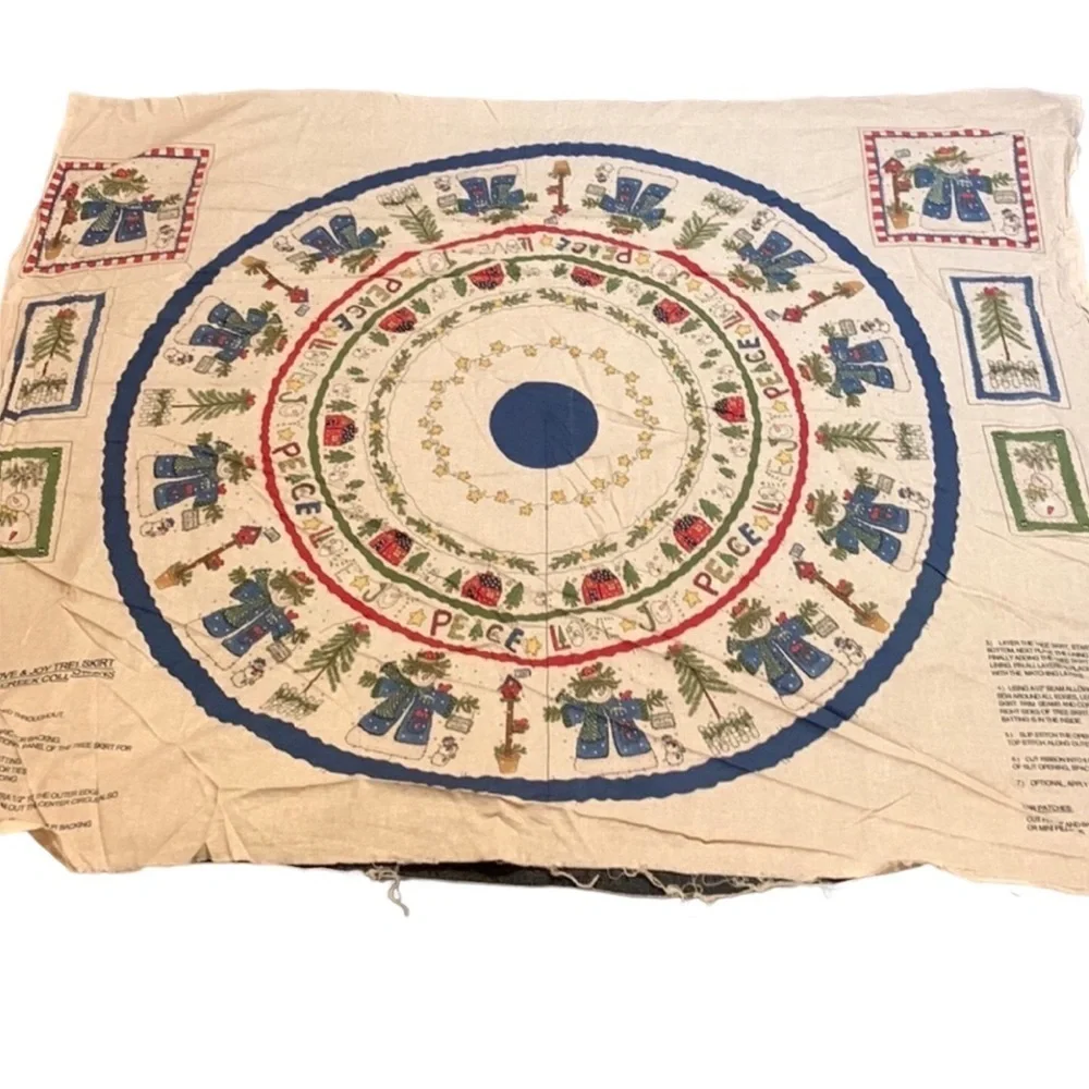 Vintage Peace Love Joy Christmas tree skirt sewing panel New
